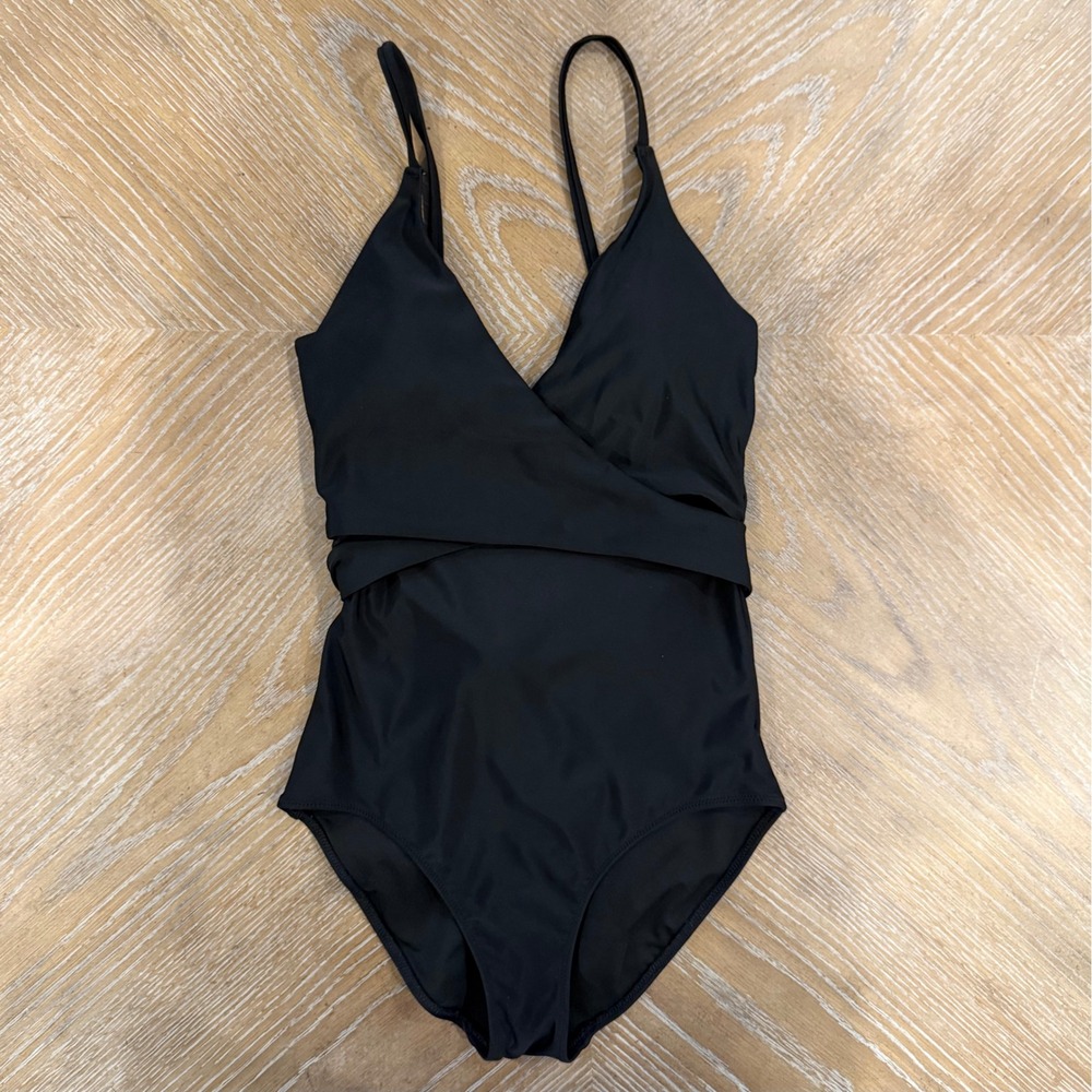 Aerie Black Wrap Tie One Piece Swimsuit Full Coverage Small Long NWT